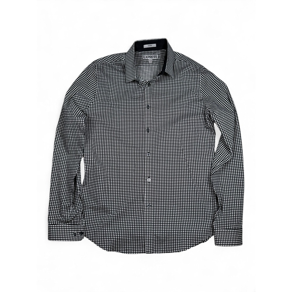 Express Mens Fitted Polka Dot Button Down Shirt Black White Long Sleeve Small